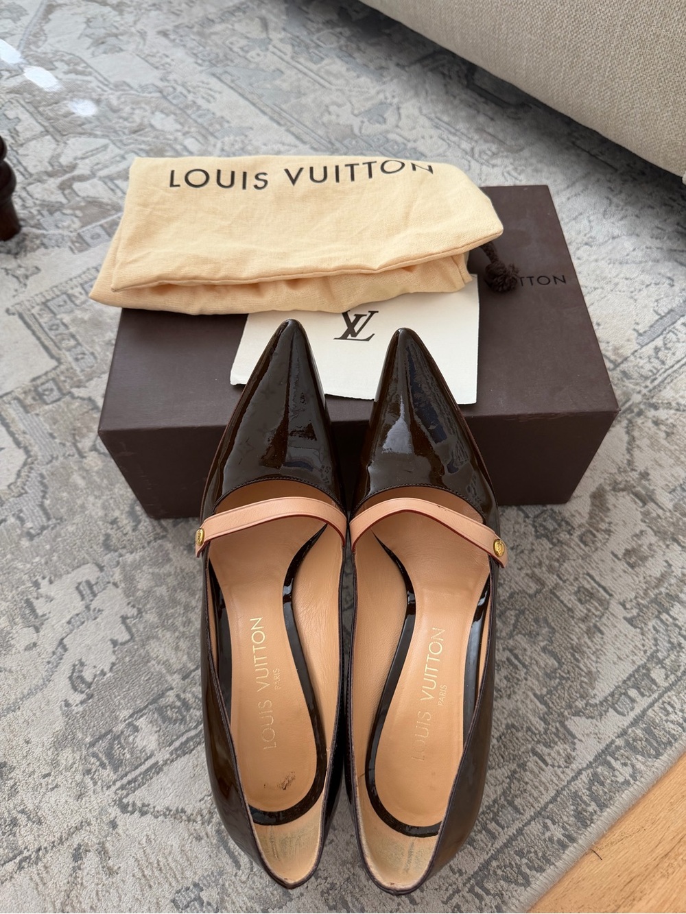 LOUIS VUITTON Brown Patent Leather Pointed 3” heels with leather Strap
